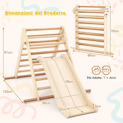 3 in 1 Arrampicata Giocattolo a Triangolo per Bambini, Set di Arrampicata con Rampa di Scivolo a 2 Lati e Inclinazione Regolabile, Arrampicatore per Bambini 1 Anno+ (Stile 2 Naturale)