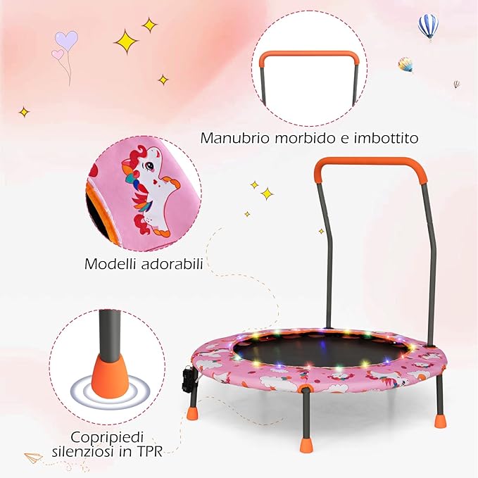 Trampolino per Bambini da Interno ed Esterno, Tappeto Elasctico Bambini 3-6 Anni in Acciaio con Maniglia Rimovibile, Luci LED, Cuscinetti Antiscivolo e Copertura Protettiva
