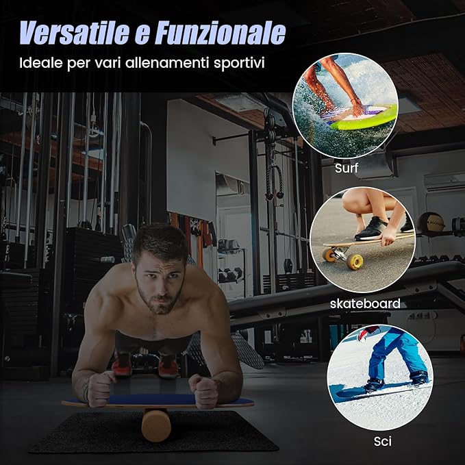 Balance Board in Legno, Tavola di Equilibrio con Rullo e Tappetino per Allenamento Skateboard Hockey Snowboard Surfing, Attrezzi 3 in 1 per Esercizi Equilibrio e Tonificazione Core