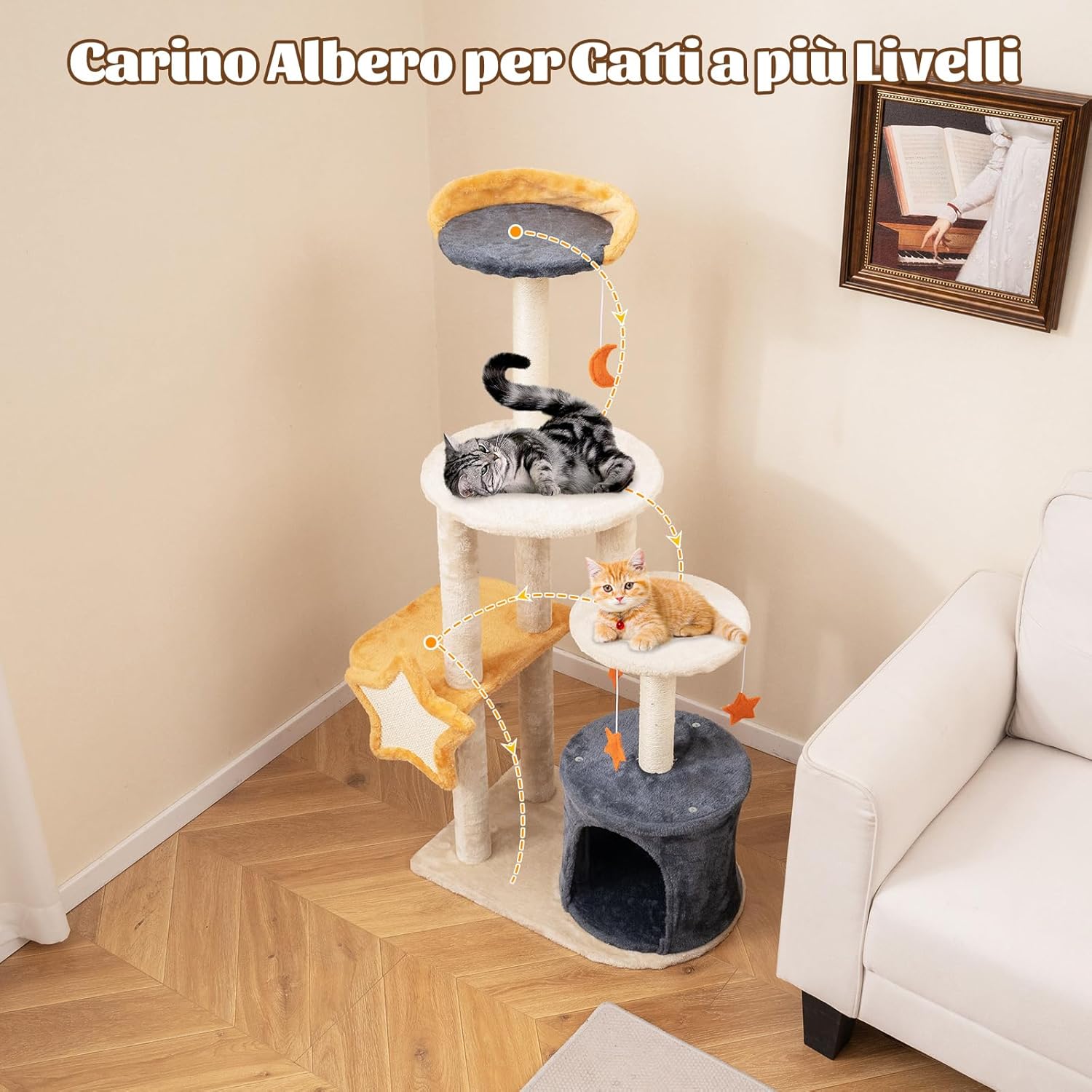 Tiragraffi per Gatti 128cm, Albero per Gatti da Interno, Torre Multi-Livello con Tiragraffi in Sisal, Gattiera, Piattaforma Superiore in Peluche e Giocattoli Appesi
