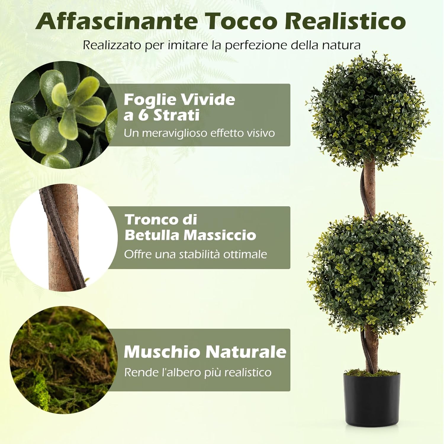 Set di 2 Alberi Artificiali con Tronco Solido da 90 cm, Muschio Naturale e Vaso Stabile Riempito di Cemento, Arbusto Finto Protetto dal Sole per Decorazione Interna ed Esterna