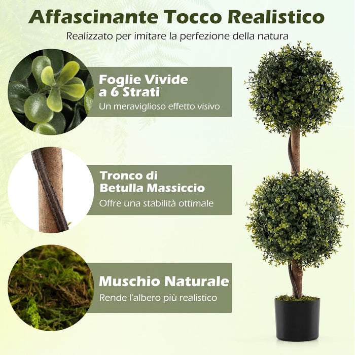 Set di 2 Alberi Artificiali con Tronco Solido da 90 cm, Muschio Naturale e Vaso Stabile Riempito di Cemento, Arbusto Finto Protetto dal Sole per Decorazione Interna ed Esterna