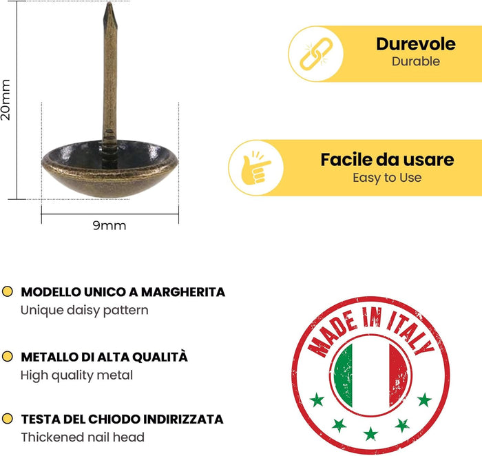 Bullette Tappezzeria 100pz | Chiodi Decorativi | Arredamento Restauro Mobili | Oro Lucido