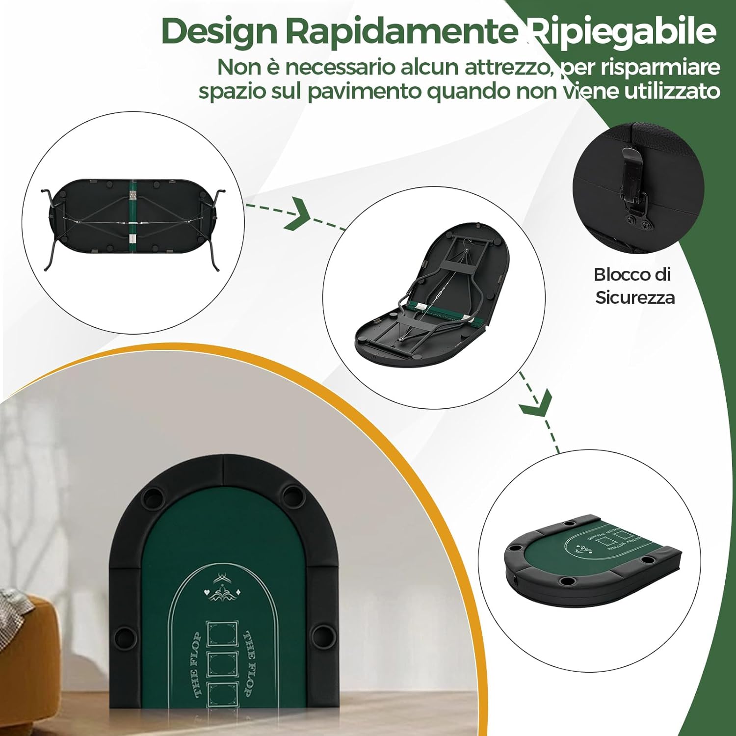 Tavolo da Poker Pieghevole 182 cm per 8 Giocatori, Tavolo da Gioco Ovalo con Supporti per Bicchieri, Rivestimenti Imbottiti, per Blackjack, Texas Hold’em, Giochi da Casinò (Verde)