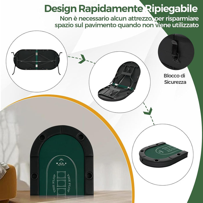 Tavolo da Poker Pieghevole 182 cm per 8 Giocatori, Tavolo da Gioco Ovalo con Supporti per Bicchieri, Rivestimenti Imbottiti, per Blackjack, Texas Hold’em, Giochi da Casinò (Verde)