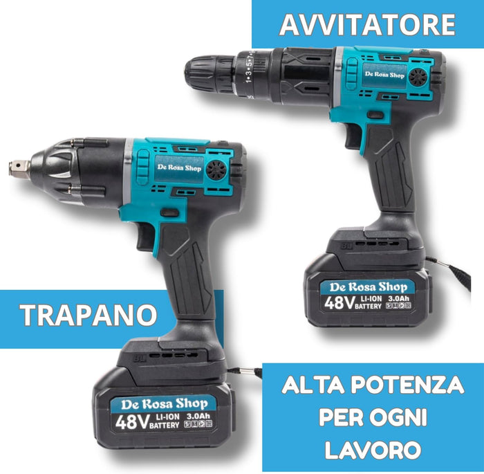 Kit Completo Professionale Fai da Te, 5 in 1 con Teste Intercambiabili, Trapano, Avvitatore, Mini Motosega, Soffiatore con 2 Batterie 48V
