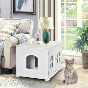 Casetta per Gatti, Casetta-comodino per Gatti con Doppie Porte e Finestre, Casetta Decorativa Ventilata per Domestici, 81 x 53 x 49 cm (Bianco)