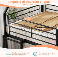 Letto a Castello per Bambini 90x200 cm, Letto Montessori con Scivolo Scala, Struttura in Metallo e Sponda di Sicurezza, Forma di Casa, senza Bisogno di Rete a Molle, Portata 110 kg (Nero)