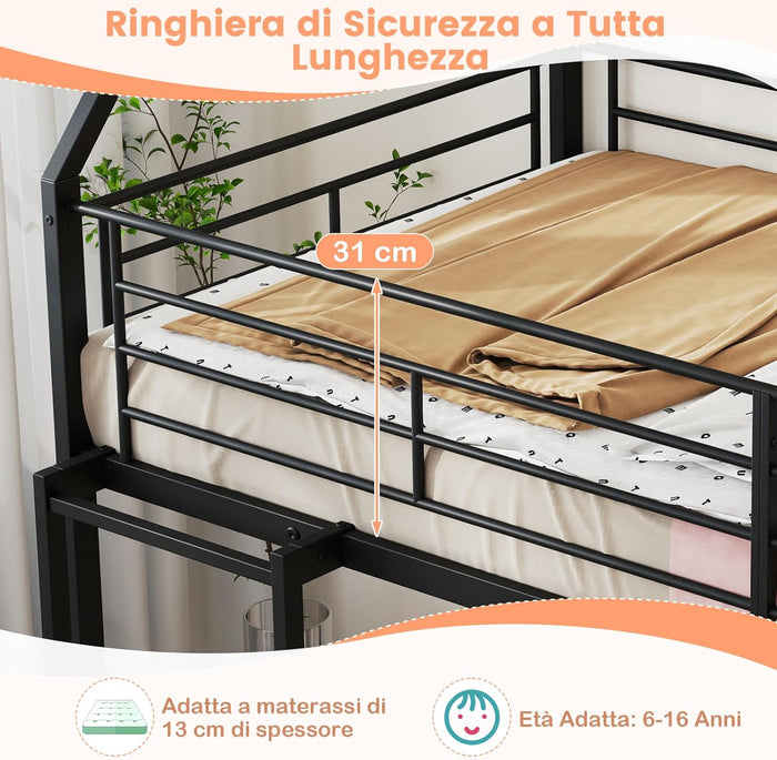 Letto a Castello per Bambini 90x200 cm, Letto Montessori con Scivolo Scala, Struttura in Metallo e Sponda di Sicurezza, Forma di Casa, senza Bisogno di Rete a Molle, Portata 110 kg (Nero)