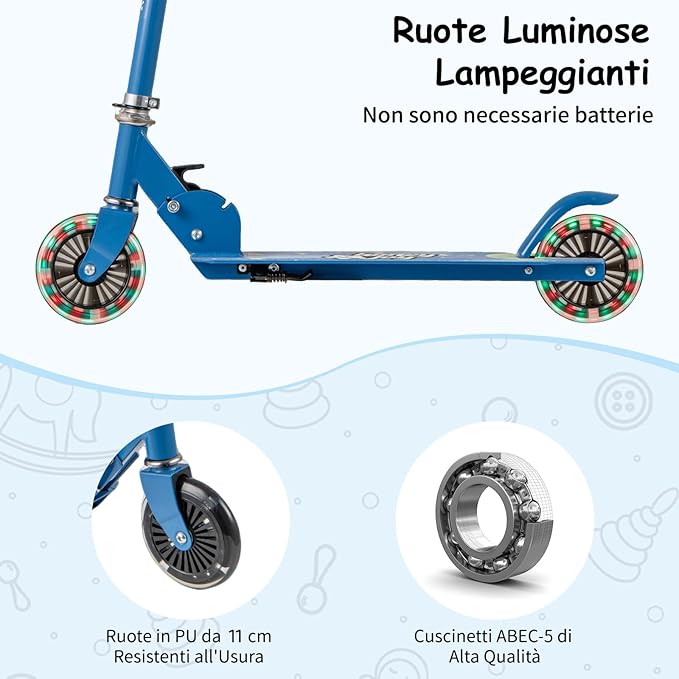 Monopattino per Bambini Pieghevole e Portatile, Monopattino a 2 Ruote con Manubrio Regolabile, Ruote Luminose a LED, Freno Posteriore e Tracolla, Ideale per Bambini e Bambine 3+