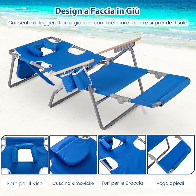 Sedia da Spiaggia Pieghevole 3 in 1, con Foro per il Viso, Poggiapiedi, Schienale Regolabile, Cuscino, Poltrona Prendisole per Spiaggia, Campeggio, Bordo, Piscina, Portata 150 kg (Blu)