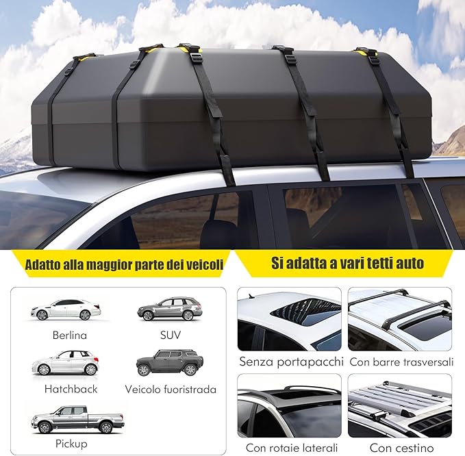 Borsa per Tetto Auto, Borsa Portapacchi Impermeabile per Tutti i Veicoli con/Senza Barre Portapacchi, con Tappetino Antiscivolo, Corda, Lucchetto e Ganci (100 x 130 x 43 cm)