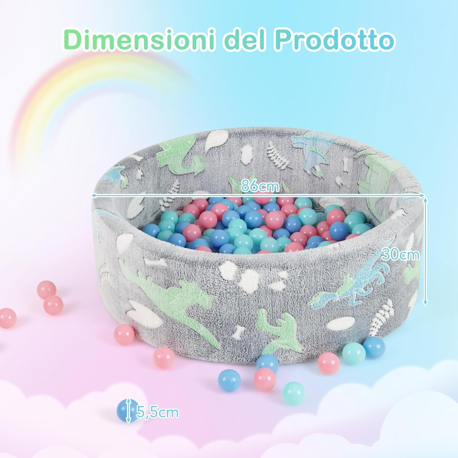 86 x 30 cm/200 Palline ∅5,5 cm Piscina di Palline Colorate per Bambini Luminosi nel Buio, Vaso con Palline in Schiuma Morbido e Lavabile in Lavatrice, Piscinatta da Gioco