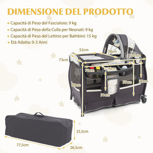 4 in 1 Lettino da Campeggio con Fasciatoio, Lettino Pieghevole per Bambini con Materasso, Centro Neonati con Culla, Box Musicale, Cappottina Regolabile, Borsa da Viaggio (Foglie)