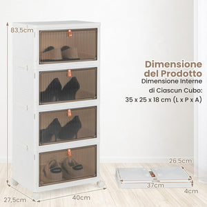Scarpiera Pieghevole a 3/4/6 Piani, Mobile Multiuso Impilabile con Porte Trasparenti Magnetiche e Ruote Piroettanti Bloccabili, Contenitore con Coperchio per Cibi Giocattoli Abiti (4 Piani)