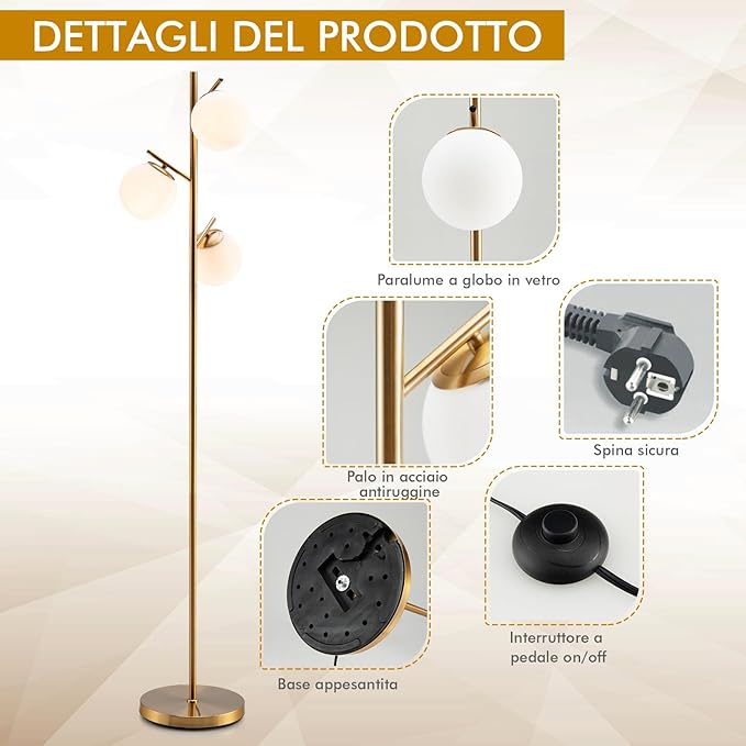 Lampada da Terra a 3 Globi, Lampada a Stelo Moderna con Comodo Interruttore a Pedale, 3 Basi per Lampadine e Robusto Palo in Metallo, Ideale per Salotto, Camera da Letto e Studio