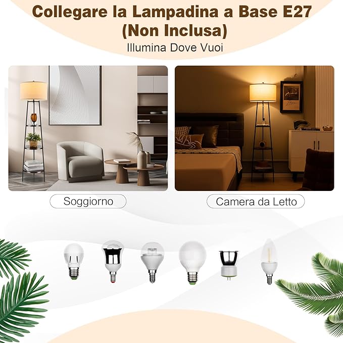 Lampada da Terra con 3 Ripiani, Lampada da Stelo con Paralume in Lino, Lampada Moderna per Soggiorno, Camera da Letto e Ufficio, 41 x 153 cm