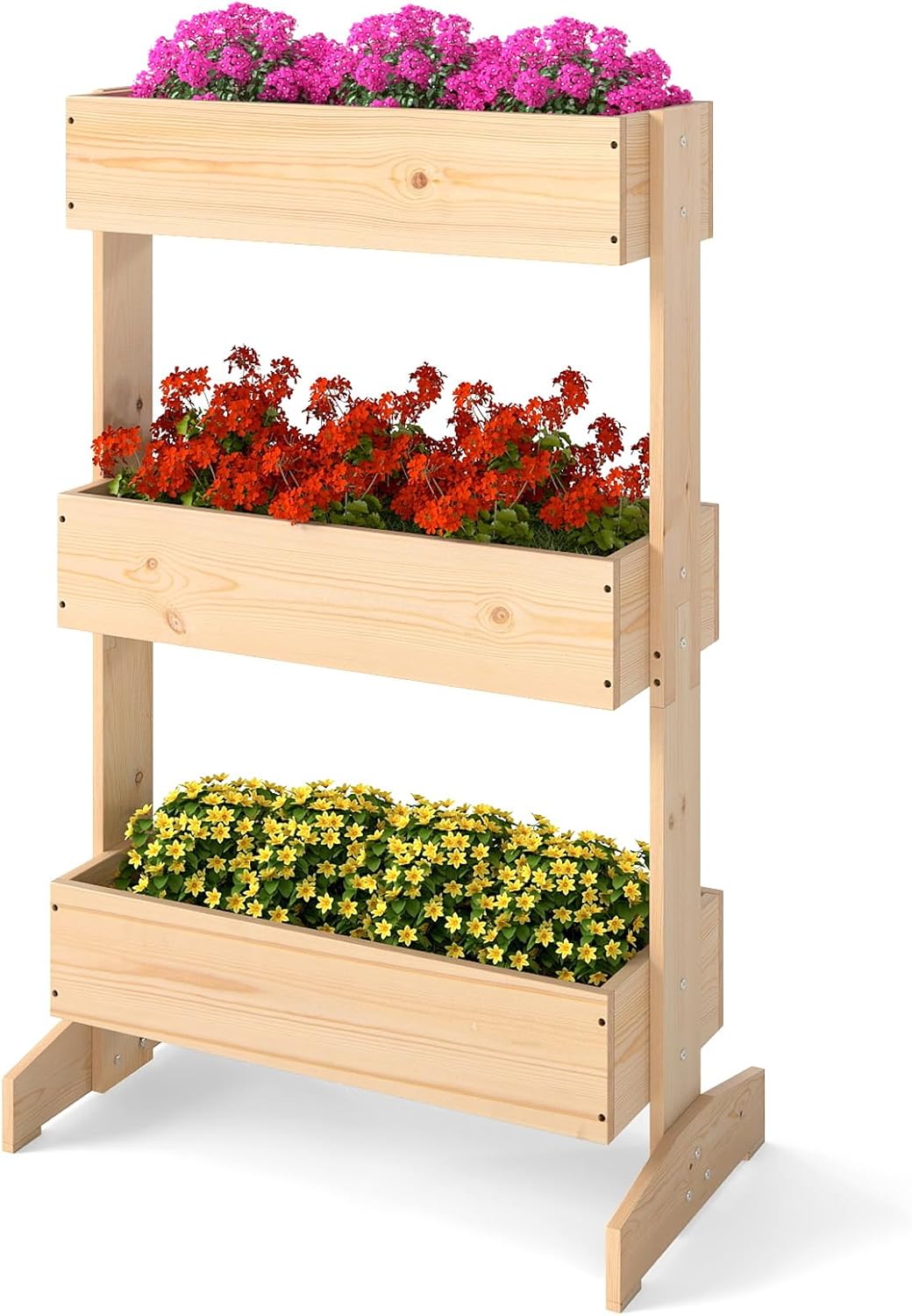 Letto da Giardino Rialzato a 3 Livelli, Fioriere in Legno da Interno e Esterno per Fiori, Verdure ed Erbe, Supporto per Vasi da Fiori Autoportante per Patio, Balcone e Giardino