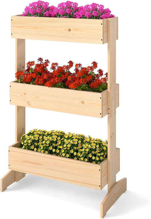Letto da Giardino Rialzato a 3 Livelli, Fioriere in Legno da Interno e Esterno per Fiori, Verdure ed Erbe, Supporto per Vasi da Fiori Autoportante per Patio, Balcone e Giardino
