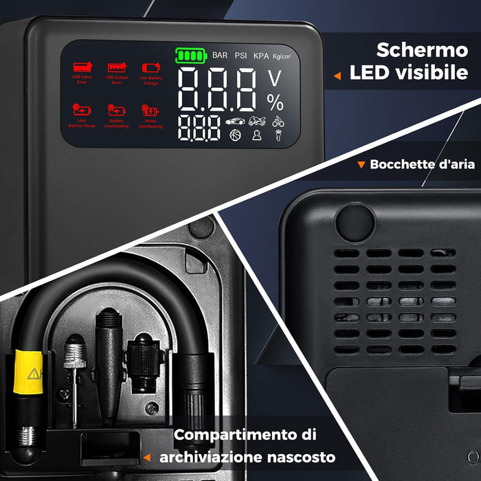 Avviatore di Emergenza con Compressore Aria, 2000A Avviatore di Batteria per Auto 12V con Gonfiatore Digitale da 150 PSI, 13000 mAh, Batteria al Litio Portatile con Schermo LED