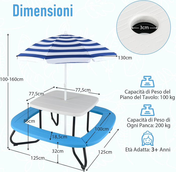 Tavolo da Picnic per Bambini con 8 Posti 125 × 125 × 100-160 cm, Tavolino Bambini in HDPE con Ombrellone Regolabile e Pieghevole, Struttura in Metallo e 4 Panchine (tavolo bianco)
