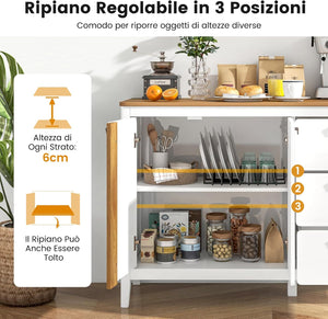 Credenza Buffett da Cucina con Armadietto a 2 Ante con Ripiano Regolabile su 3 Livelli, Mobile da Sala Pranzo con 3 Cassetti, Credenza Salvaspazio per Soggiorno e Salotto, 106 x 40 x 80 cm