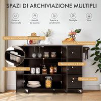 Carrello da Cucina, Isola da Cucina con Piano in Acciaio Inox, 3 Cassetti e Armadietto a 2 Ante, Ripiani Regolabili e Portasciugamani e Portaspezie, 135x45,5x 91,5 cm (Marrone)
