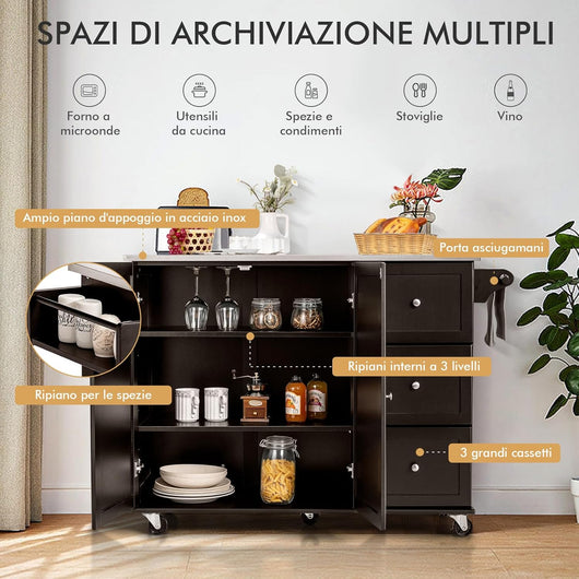 Carrello da Cucina, Isola da Cucina con Piano in Acciaio Inox, 3 Cassetti e Armadietto a 2 Ante, Ripiani Regolabili e Portasciugamani e Portaspezie, 135x45,5x 91,5 cm (Marrone)