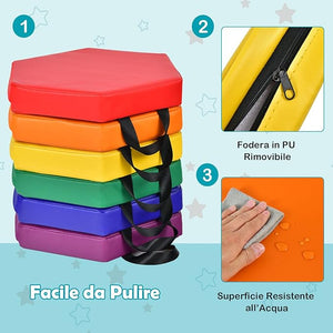 6 Cuscini Esagonali per Bambini con Maniglie, Imbottitura in Schiuma di 5 cm, Sedili Portatili e Flessibili per Asilo Nido, 38 x 34 cm (Arcobaleno)