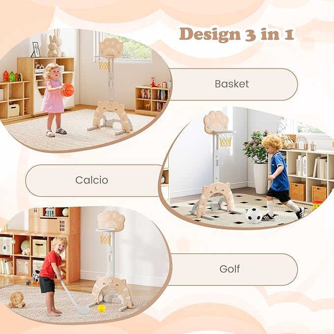 3 in 1 Canestro da Basket per Bambini, con Canestro Calcio e Golf, Cerchio Rimovibile e Pieghevole, Set da Gioco Regolabile per Interno ed Esterno, 3 Anni+ (Moca)