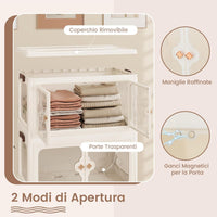 Scatole Immagazzinaggio Impilabili e Pieghevole con Ruote, Armadietto a 4 Ripiani con Ante e Coperchio, Contenitore Trasparente per Camera da Letto e Soggiorno, Bianco (59,5 x 35,5 x 130,5 cm)