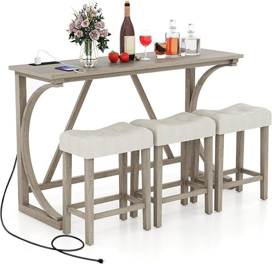 Set 4 Pezzi Tavolo e 3 Sgabello da Bar con 2 Prese di Corrente e 2 Porte USB Tipo-A, Tavolo da Pranzo e Colazione in Legno di Gomma con Gambe a Curva, Set Sedie con Sedile Morbide, Beige