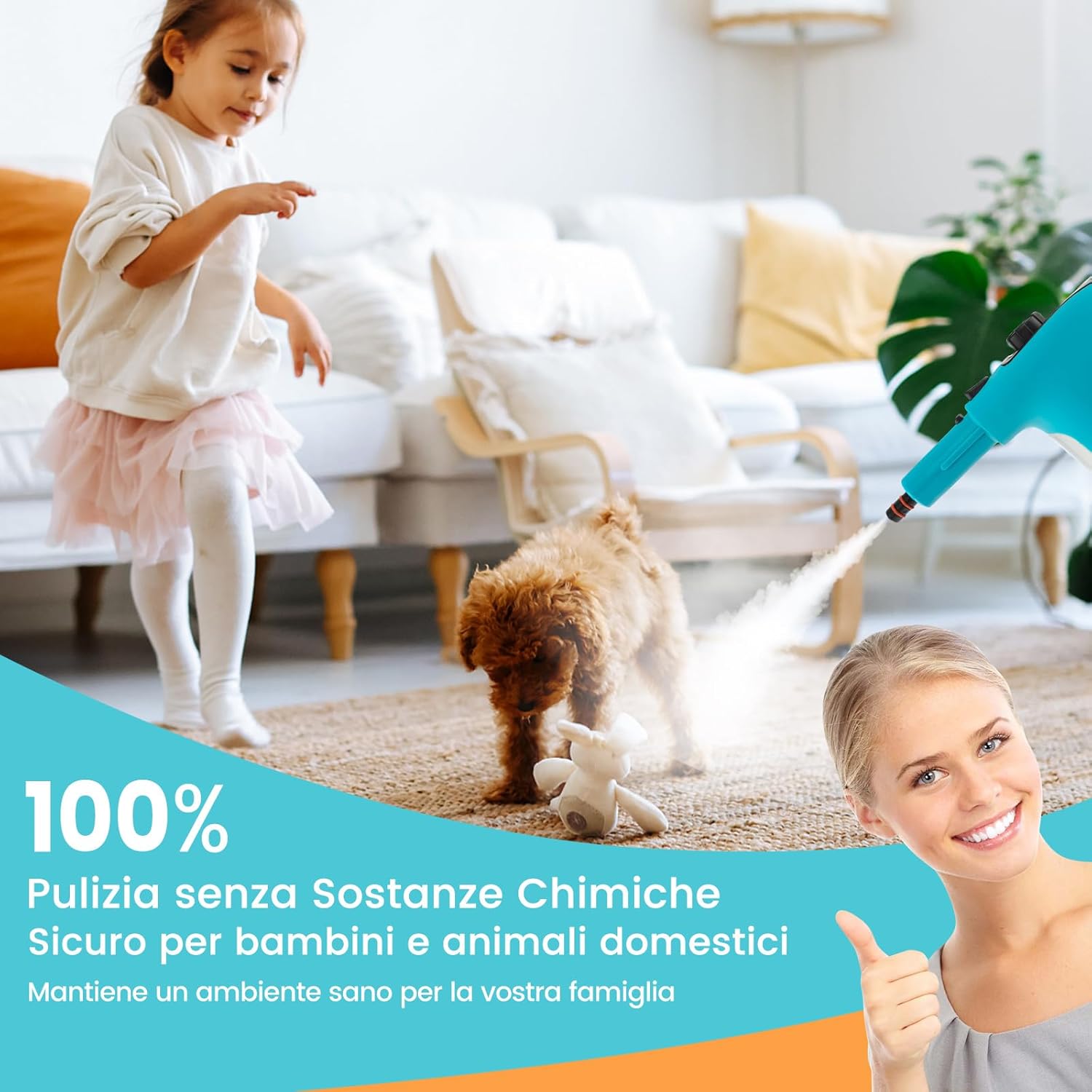 1500W Pulitore a Vapore Portatile, Macchina a Vapore con Serbatoio d'Acqua da 400 ml Blocco per Bambini e Kit di Accessori da 14 Pezzi, 33x13x24,5 cm (Blu)