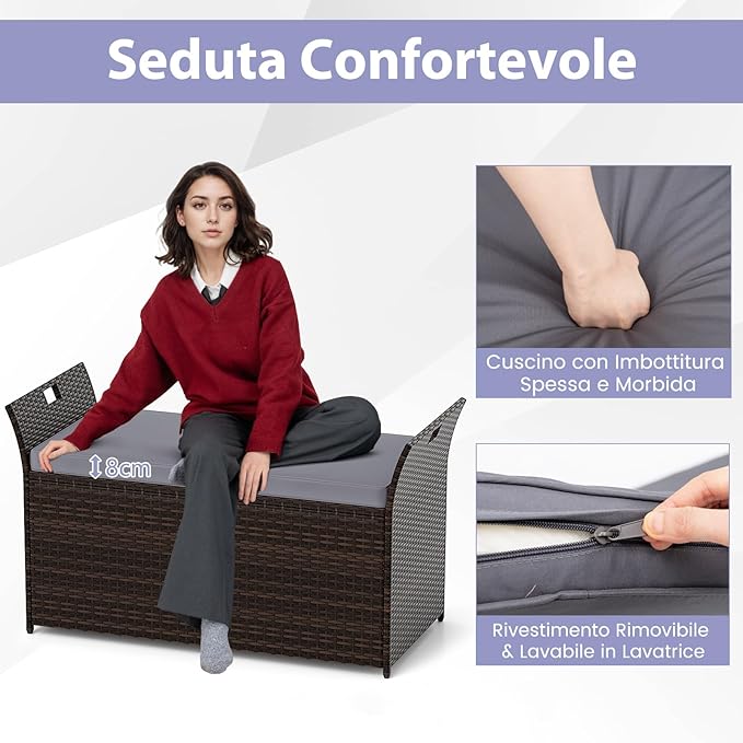 Baule da Giardino 260 L in Rattan PE, Cassapanca Contenitore da Esterno con Cuscino e Maniglie Laterali, per Interni e Esterni, 125 x 56 x 71 cm (Modello 10)