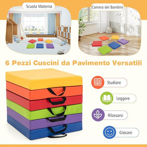 Set di 6 Cuscini per Sedia per Bambini, Cuscini Quadrati Morbidi in Spugna con Maniglie, Sedute Flessibili Portatili e Leggere per Casa Scuola Asilo, 40 x 40 cm