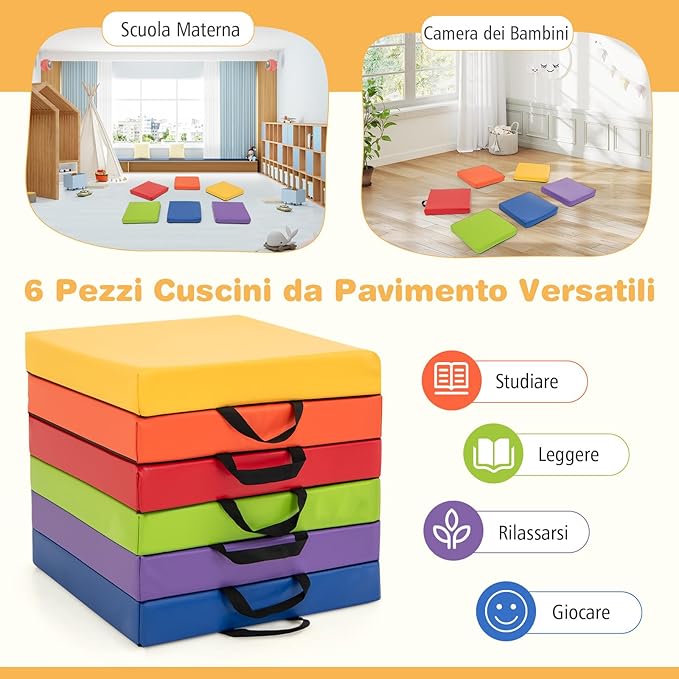 Set di 6 Cuscini per Sedia per Bambini, Cuscini Quadrati Morbidi in Spugna con Maniglie, Sedute Flessibili Portatili e Leggere per Casa Scuola Asilo, 40 x 40 cm