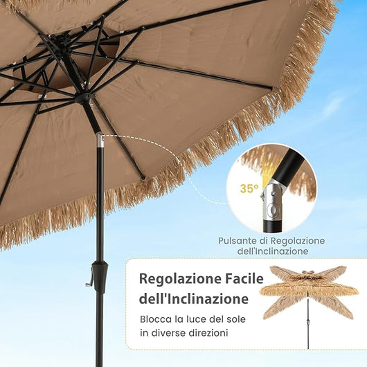 Ombrellone da Spiaggia 270 cm, Ombrellone Hawaiano in Paglia PE con 8 Stecche, Manovella Manuale, Inclinazione Regolabile, Ombrellone Portatile per Spiaggia, Patio