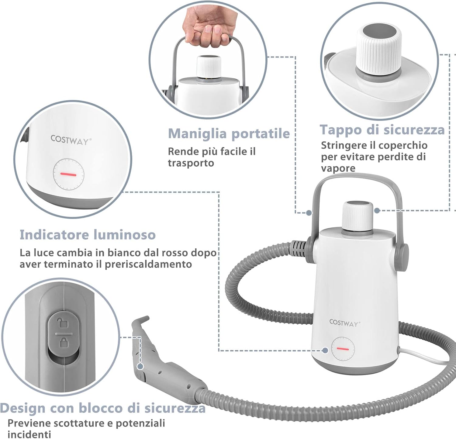 1000W Pulitore a Vapore Multiuso, Macchina a Vapore Portatile con 10 Accessori Serbatoio da 300 ml, Pulizia a Vapore con Tubo Flessibile per Cucina Bagno Finestre (Grigio)