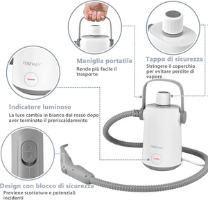 1000W Pulitore a Vapore Multiuso, Macchina a Vapore Portatile con 10 Accessori Serbatoio da 300 ml, Pulizia a Vapore con Tubo Flessibile per Cucina Bagno Finestre (Grigio)