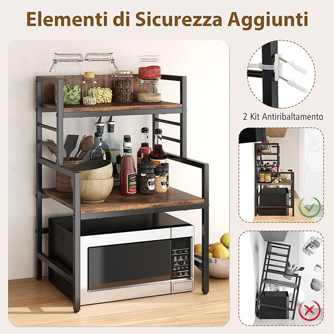 Supporto per Microonde a 3 Ripiani, Organizzatore da Cucina Industriale con 2 Mensole Aperte, Porta Spezie Salvaspazio con Struttura in Metallo, Carico 50 kg, 52x42x78 cm