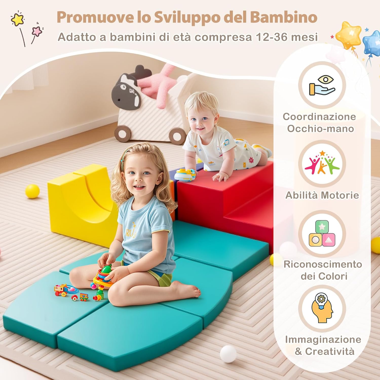 Set 10 Giocattoli da Arrampicata per Bambini, Blocchi da Costruzione in Schiuma Morbidi, Set Attività per Gattonare e Scivolare per Neonati 1-3 Anni
