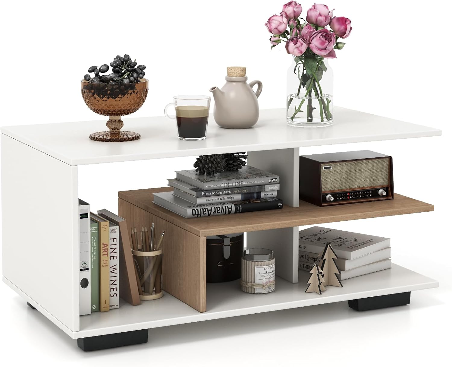 COSTWAY Tavolino da Caffè Rettangolare, Tavolo da Salotto Moderno con Mensola Centrale a Forma di L, Tavolino a 3 Livelli per Soggiorno, Sala di Ricevimento e Ufficio (Bianco)