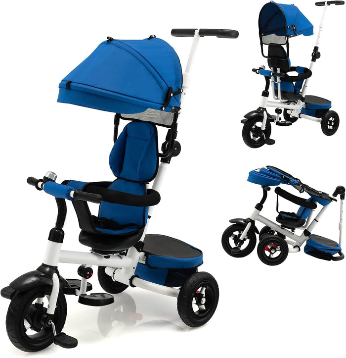 Triciclo per Bambini, Triciclo Pieghevole con Sedile Reversibile, Cappottina e Maniglia Regolabile, Ringhiera Rimovibile, Poggiapiedi Pieghevole, Passeggino Multifunzionale per 1-5 Anni(Blu)