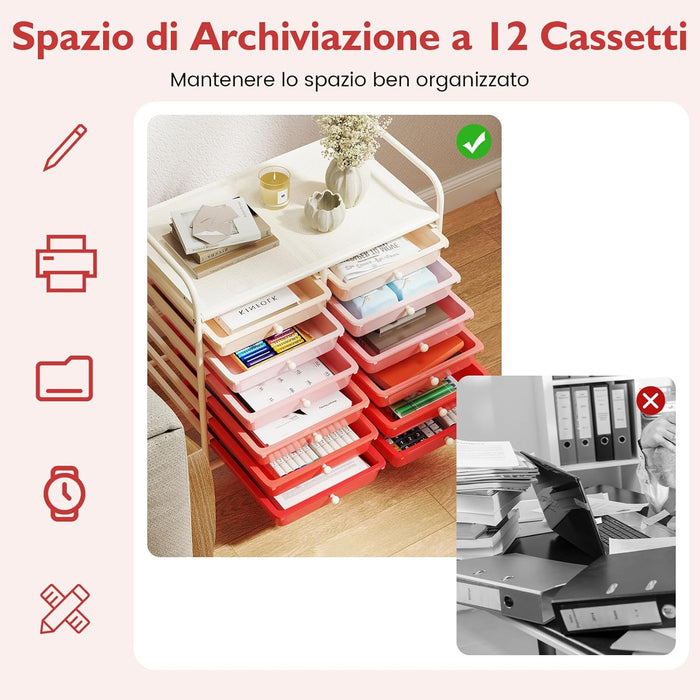 Carrello di Stoccaggio con 12 Cassetti, Carrello portaoggetti con 4 Ruote, Carrello Multiuso per Scuola Ufficio Cucina, 64 x 38 x 62 cm (12 cassetti Rosa sfumato)