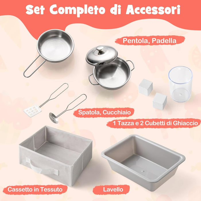 Cucina Giocattolo con Macchina del Ghiaccio e Microonde con Luce, Cucina per Bambini in Legno con 2 Lavagne, Lavandino e Cassetto in Tessuto, Set Cucina con 9 Accessori, 86 x 27 x 83 cm