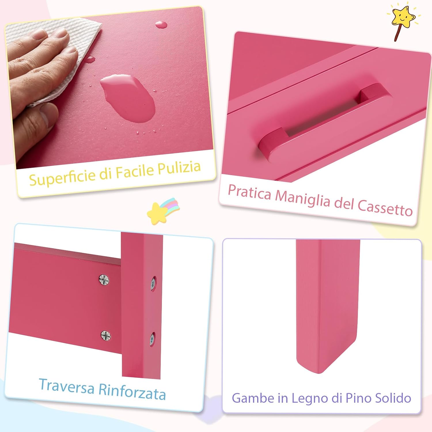Set Tavolo e Seide per bambini in Legno, Scrivania e Sedia con Cassetto e Scomparto, Tavolino e Sedia per Cameretta, Soggiorno e Scuola (Rosa)
