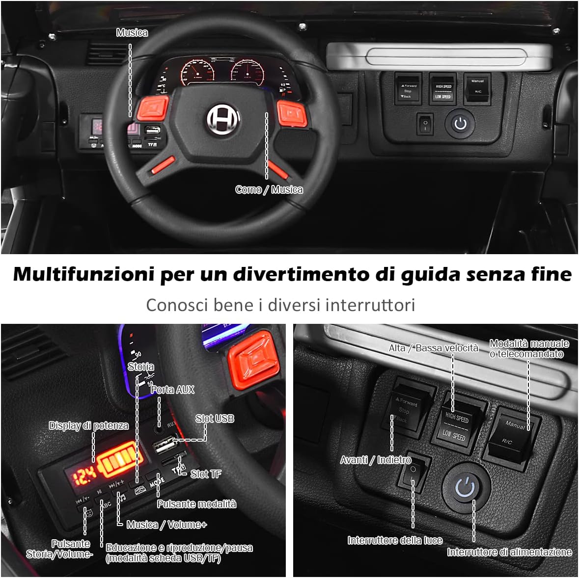 Auto Macchina Elettrica per Bambini 12V, Veicolo Elettrico a Batteria a 2 Posti, con Telecomando 2,4 G, Porta USB e AUX, per Bambini 3+ Anni (Nero)