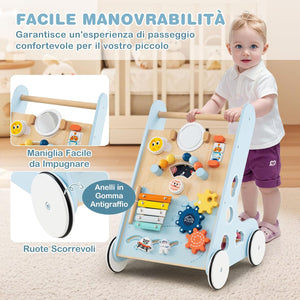 Carrellino Primi Passi 8 in 1, Girello in Legno per Bambini, Giocattolo Montessori, Centro Attività di Apprendimento a Spinta, Giocattolo a Spinta per Bambini di 1+ Anni (Blu)
