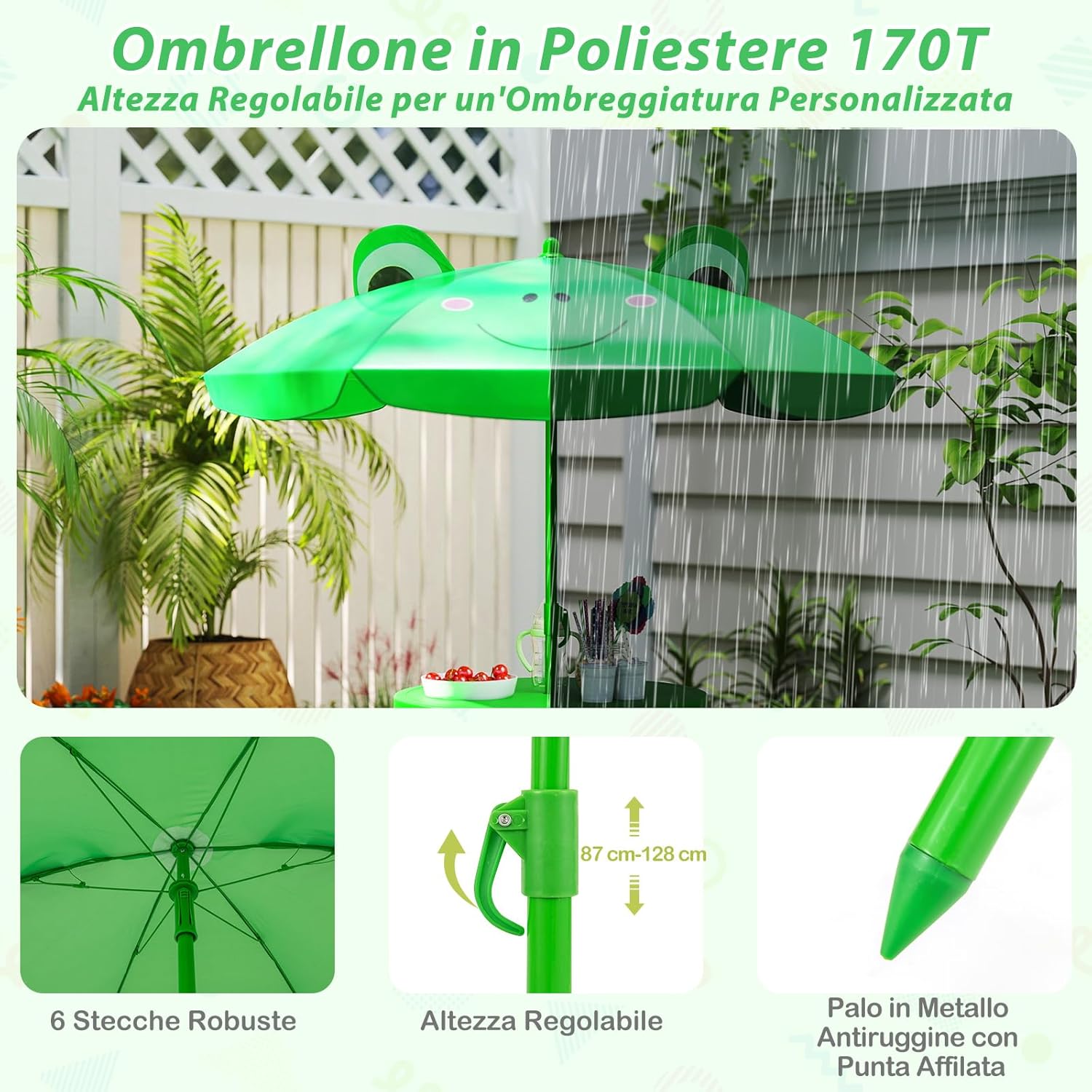Set Tavolo da Giardino Bambini con 2 Sedie Pieghevoli, Tavolino da Esterno con Ombrellone in Poliestere Regolabile in Altezza, Set Mobili da Giardino per Bambini 3-6 Anni (Rana, Verde)
