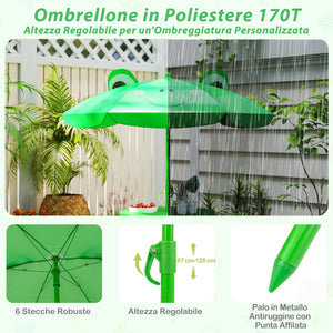 Set Tavolo da Giardino Bambini con 2 Sedie Pieghevoli, Tavolino da Esterno con Ombrellone in Poliestere Regolabile in Altezza, Set Mobili da Giardino per Bambini 3-6 Anni (Rana, Verde)